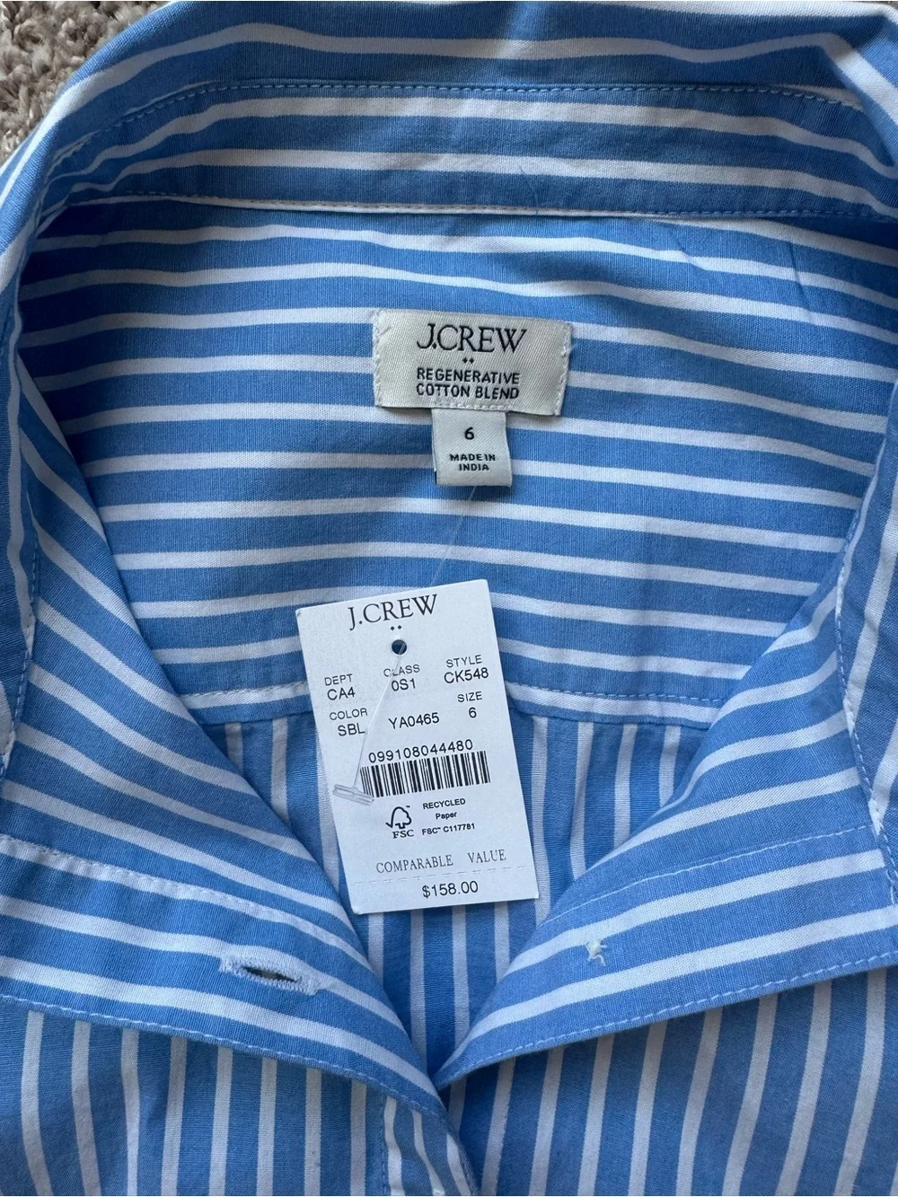 NWT J. Crew Ruffle Sleeve Blue and White Striped Shirt Maxi Dress - Size 6